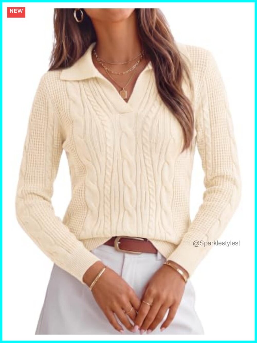 Cable Knit V-Neck Polo Pullover Sweater Long Sleeve Fall Winter